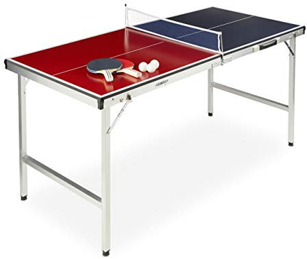 Relaxdays Klappbare Tischtennisplatte, tragbar, Netz, 2 Schläger, 3 Bälle, Alu, MDF, HBT: 67,5 x 151 x 67,5 cm, blau/rot