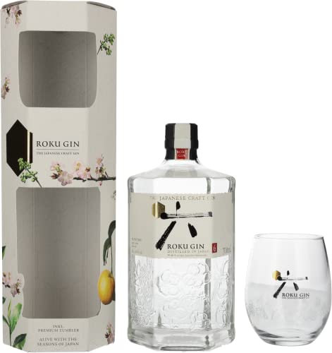 Roku Gin + Tumbler Glas| 6 japanische Botanicals | meisterhaft destilliert in Japan | für einen perfekt ausbalancierten Geschmack | 43% Vol | 700ml Einzelflasche + Tumbler Glas