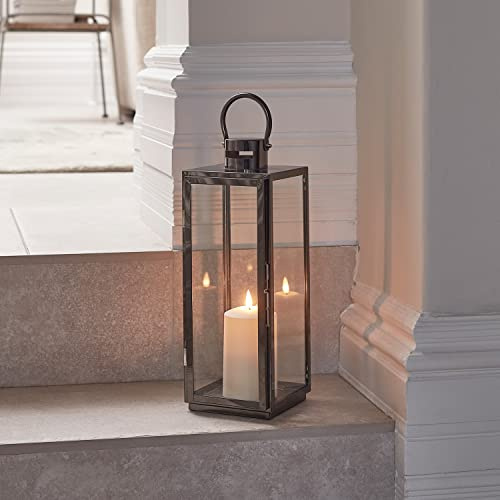 Lights4fun Lanterna Decorativa in Acciaio Inox di 38 cm con Candela LED TruGlow® a Pile per Interni con Telecomando