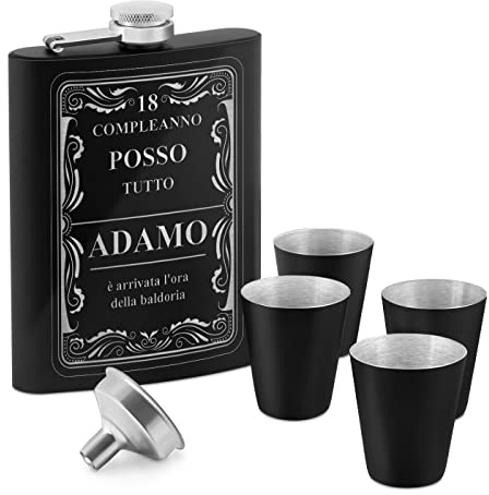 Fiaschetta nera in metallo - incisione personalizzata - 200ml - in acciaio inossidabile - 4 bicchieri e mini imbuto - dimensioni 15,5cm x 9,5cm - pensiero per uomo - baldoria