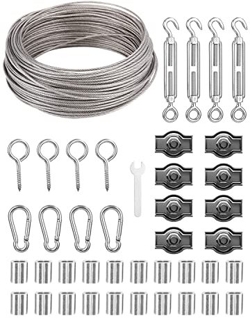 Kit de Cable de Acero Inoxidable 30m Φ 2mm, Nylon Revestido con Tensores para Alambre/Abrazadera, Toldos, Suspensión de Cuerda para Tendedero, Soporte Planta