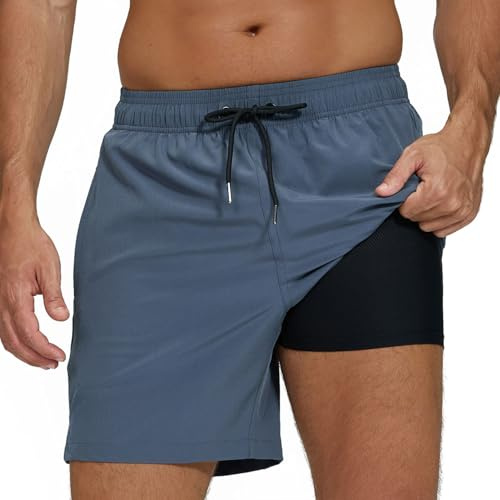 Aisprts Swimming Shorts Men Swim Trunks with Compression Liner & Zipper Pockets,Grey,L