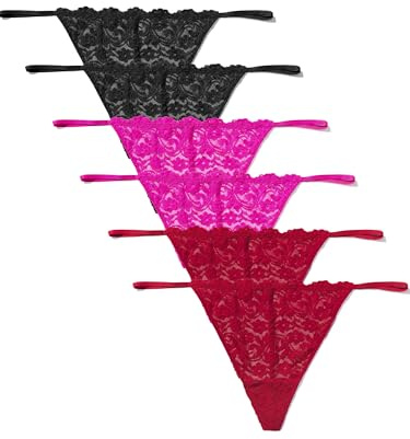 Smart & Sexy Women's Signature Lace Panties for Women, Soft & Sheer Thongs, Cheeky Panties, String Bikini Panties and G String Panties for Women 6 Pack Pink/Pink/Black/Black/Red/Red XXL