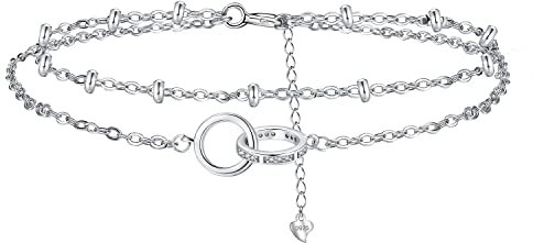 Hifeeled Doppelring Armband Damen 925 Sterling Silber Romantisch Armbänder Doppelkette mit Kugelperlen für Frauen Original Schmuck Geschenk Mutter Ehefrau Freundin Verstellbarer [16+4cm]