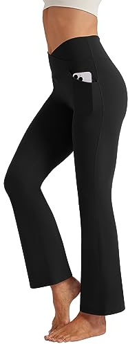 Friptspyg Yogabyxor dam bootcut utsvängda byxor fitness sportbyxor V-form hög midja med fickor fritidsbyxor gym träning jogging träningsbyxor