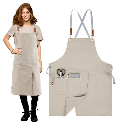 Langyiwee Crossback Pottery Apron Split Leg with Large Pocket Canvas Apron with Adjustable Strap for Art Garden Nail Tech Hairstylist(Beige,M-xxl)
