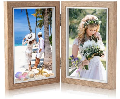 Jinsion Double Photo Frame 6x4, Hinged Folding Picture Frame, Holds 2 Standard Wooden Photo Frame, Stand Vertical on Desktop Double Picture Frame, 6x4 Photo Frames for Wedding or Family Photo
