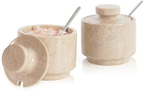 MARBLOUS KRAFTS Saltkällare i marmor 7,6 cm saltbehållare i sten för alla hjärtans dagpresenter, perfekt set med 2 kaffeförvaringsbehållare köksbänk, godisburkar med lock och skedar (Verona)