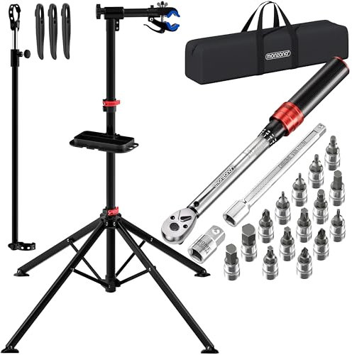 MONZANA® Fahrradmontageständer 30 kg mit Drehmomentschlüssel 1/4 Zoll Set Profi klappbar Tragetasche Reifenheber 1-25 Nm Bitset Transportbox