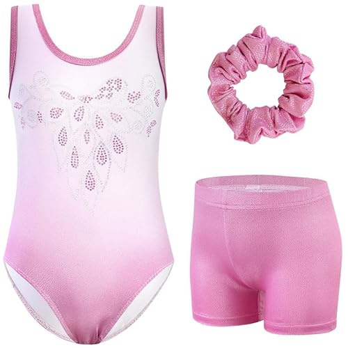 XiaoMoSha Girls Three-Piece Gymnastics Set Sleeveless Girls Leotards with Shorts and Hairband Sparkly Glitter Gradient Color Dance Ballet Unitards Gymnastics Outfits, PinkDiamond, 3-4 Years