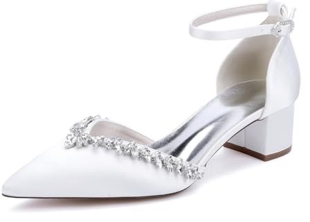 TNMIUH Scarpe da Sposa Eleganti con Tacco Medio, Punta Affusolata, Decorazioni in Cristallo, Cinturino alla Caviglia, Bianco/Avorio Satinato Scarpe col Tacco da Sposa Comode,Bianca,39 EU