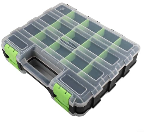 Oniissy Caja de almacenamiento de herramientas de doble cara con partición de plástico extraíble, 34 compartimentos, material PP, cubierta transparente, asa superior para tornillos, tuercas, pernos