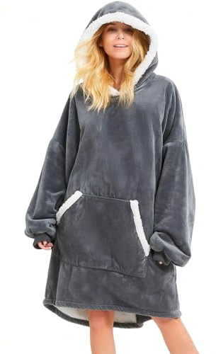 MOAZIFI Hoodie Decke mit Ärmeln, Grau Weich Warm Kuscheldecke zum Anziehen Perfekt, Weihnachtsgeschenke für Frauen & Mann, Kuschelpullover Damen Decke für Sofa Bett Home Office Geschenk Freundin