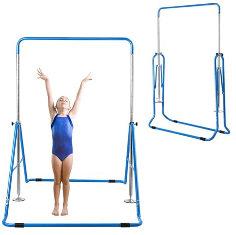 COSTWAY Barra Gimnasia Artistica, Estructura Triangular, Barra Horizontal Junior Ajustable en Altura, Equipo Gimnasia Ritmica para Entrenamiento Niños Niñas (Azul)