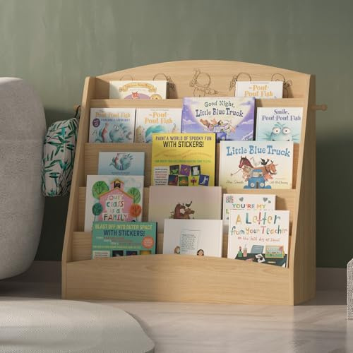 Hironpal 5-Tier Montessori Kids Bookshelf Wooden Children Bookcase Baby Book Storage Organizer with hooks Toddler Book Rack Display Shelf for Kids Room Bedroom Classroom Nursery Playroom Living Room