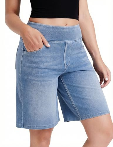 Fengbay Denim Shorts for Women UK Ladies Knee Length Bermuda Short Stretchy | Elastic Waist Casual Long Jean Shorts Soft Fabric Baggy Washed Women's Denim Trendy Wide Leg Pants with Pockets Summer