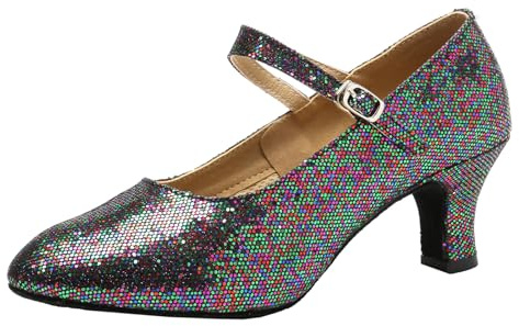 Sekiueo Damskor med glitter latinska ballroom-karaktärsskor med stängd tå fotledsrem hög klack för övningsframträdanden