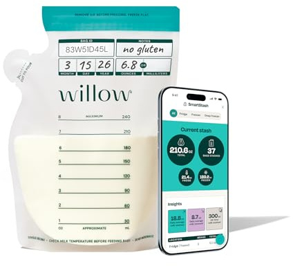 Willow - Sacchetti per latte materno da 226,8 g - Tracking SmartStash - 100ct - Doppia chiusura a zip per una maggiore durata - Conservazione del latte materno in congelatore e frigorifero - Beccuccio