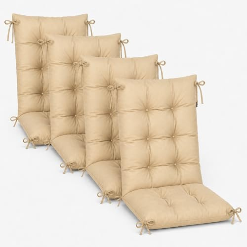 POKAR Juego de 4 Cojines Silla Jardín Respaldo Alto 120x50x10 cm | Colchonetas Acolchadas Impermeables Repelentes al Agua | Cojines para Sillón Exterior | Oeko-Tex Beige