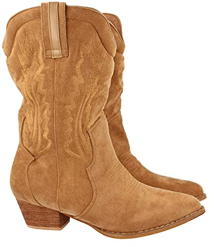 59920-Bota de Mujer con Tacon Campero, Cosido en Empeine y Cana, Primavera Verano 2021. Talla 36 Marron