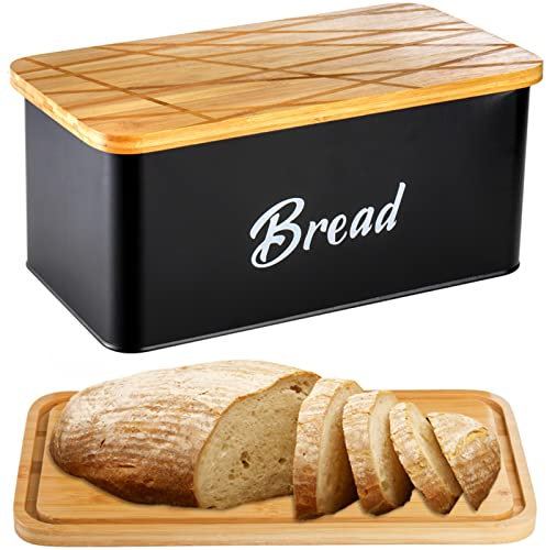 Lyellfe Farmhouse Metal Bread Box, Black Breads Storage Container with Cutting Board Lid, Vintage Retro Bread Keeper Bin for Bread, Kitchen Countertop, Pantry, Freezer, Keep Fresh
