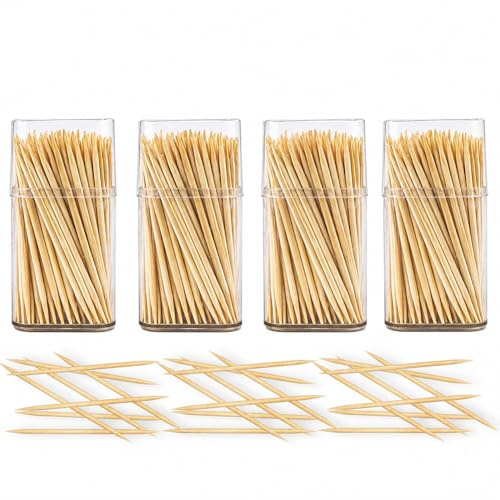 600 Bamboo Cocktail Sticks - 6cm, 4 Dispensers, Splinter Free Toothpicks in Storage Boxes, Sturdy Double Sided Picks for Dental Tooth Picks, Party Buffet Canapé Appetisers Barbecue, Biodegradable