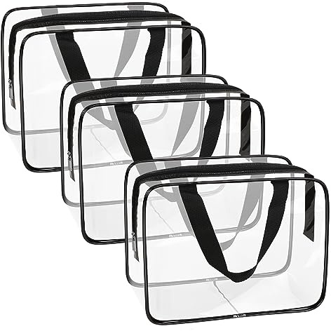 APREUTY Clear Makeup Bags, TSA Approved 3 Pcs Large Cosmetic Makeup Bags Set Clear PVC with Zipper Handle Portable Travel Luggage Pouch Airport Airline Vacation Organization (Black)