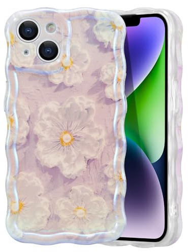 EYZUTAK iPhone 14 fodral, färgglad retro oljemålning blomma glänsande lasermönster söt vågig kant utsökt elegant hållbart telefonfodral Tpu skyddsfodral för flickor