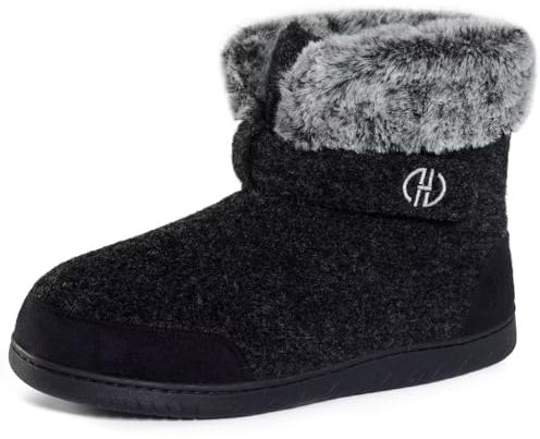 GURGER Hausstiefel Herren Plüsch Gefüttert Hüttenschuhe Damen Winter Warm Filz Hausschuhe Hohe Filzpantoffeln Hüttenstiefel Unisex Schwarz Größe 42 43