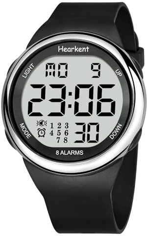 Hearkent Orologio parlante atomico con numeri grandi, LCD, per ipovedenti o anziani, con retroilluminazione luminosa e 8 set di allarmi separati, Argento, Moderno