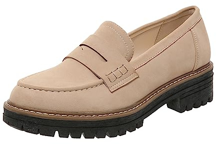 Womens Loafers Shoes Platform Chunky Penny Loafer Lug Sole Comfortable Slip On Work Office Business Casual Dress Shoes, US Size 8.5 Beige