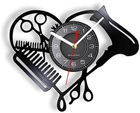 OTKU Pendule Murale Silencieuse 30cm Barbier Shop Outils Vinyle Record Horloge Murale Beauté Salon de Coiffure Coeur Forme Séchoir Ciseaux Peigne Coiffeur Design Silent Clock Watch