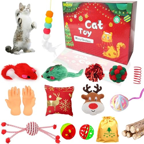 MQIAN 20pcs Set Giochi per Gatti Natalizi, Gioco Gatto Interattivo, Giochi per Gatti in Casa, Topolino Palline, Scatola Regalo per Gatto, Cat Toy