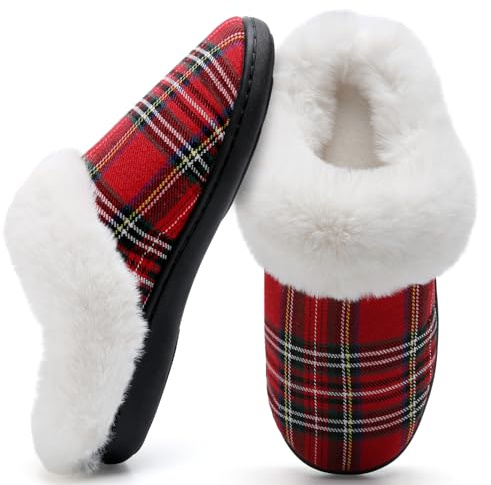 Mabove Hiver Pantoufles Femmes en Mousse Mémoire Confort Pantoufles Maison Intérieur Mignon Anti-Slip Chaud Souple Rouge de Noël,38/39