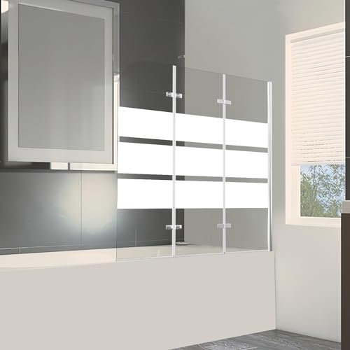 Ansobea Paroi de douche pour baignoire, 120 x 140 cm, pliable en 3 parties, verre de sécurité ESG de 6 mm, bandes blanches, paroi de baignoire en verre avec embout de baignoire