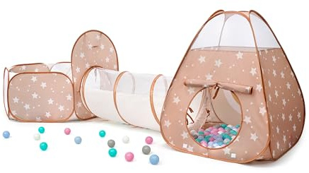 3 in 1 Pop Up Kids Play Tent with Tunnel and Ball Pit for Kids, Boys, Girls, Babies and Toddlers, Indoor/Outdoor Playhouse, Brown/Apricot