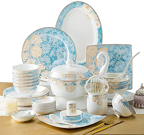 IUBGFTO Set di stoviglie, Set di stoviglie in gres smaltato, Set di stoviglie Combinato, Il Set di Piatti comprende Piatti Piani, Piatti da Dessert, insalatiere, Servizio da 18 Pezzi per 4