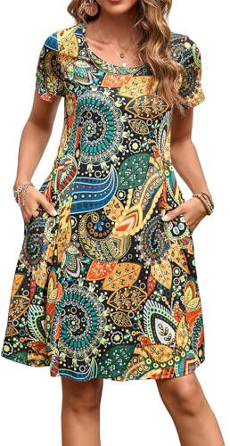 Enmain Vestido Camiseta Mujer Manga Corta Vestido Túnica Verano con Bolsillos Casual Boho Vestidos hasta la Rodilla para Mujer