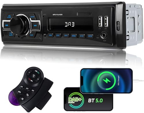 Techschermo Single Din DAB Radio for Car - Bluetooth Car Stereo with Bluetooth Music & Handsfree Call/FM Radio/USB Charging/TF/AUX Port/Protection Connection + Steering Wheel Control