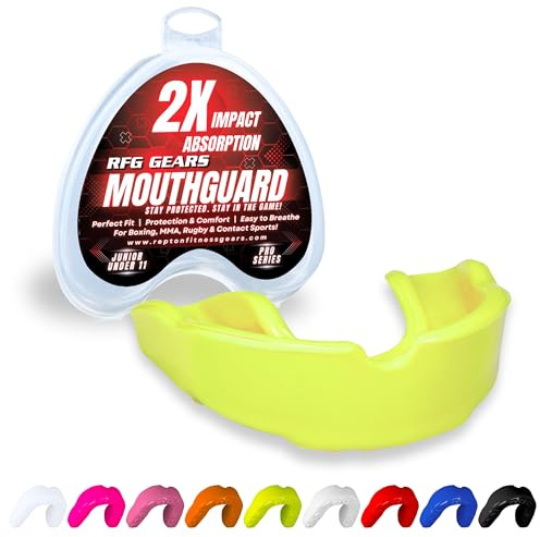 Mouthguard, Adult and Junior Gum Shield Slim Fit with Case for Boxing, Martial Arts, Judo, MMA, Rugby, Karate, Hockey and Other Contact Sports (Yellow Lime, Junior (Under 11))