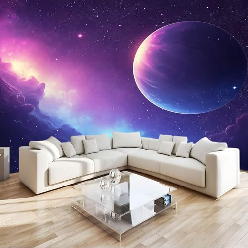 Art Papel Tapiz Fotográfico Planeta Nebulosa Púrpura Papel Pintado no Tejido 200x140 cm Lana Decoración De Pared Sala Cuarto Póster Mural para Sala de estar Dormitorio Infantil Decoración
