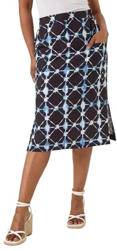 Roman Petite Leaf Print Linen Midi Skirt for Women UK - Ladies Spring Everyday Summer Holiday Elasticated Waist Comfy Pocket Detail Soft Lightweight Office Business Skirts - Navy - Size 16
