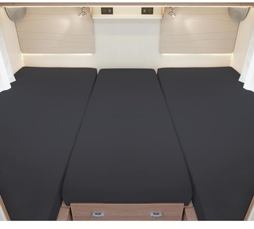 G BETTWARENSHOP – Spannbettlaken für Wohnmobile & Wohnwagen – Spannbetttuch Set 3-teilig für 2 Längsbetten + Mittelteil – Jersey Bettlaken für Heckbetten 2 Längsbetten + Mittelteil, anthrazit