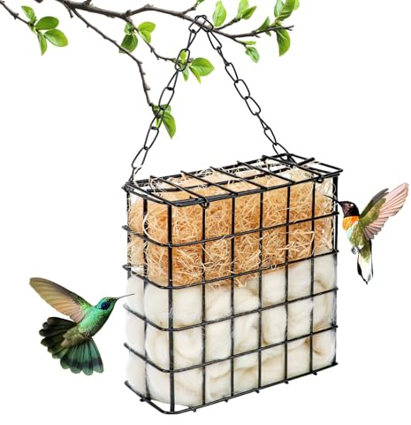 Support de matériel de nidification pour oiseaux - Station d'alimentation à suspendre - Distributeur de nourriture pour oiseaux - Métal rechargeable - Cage en coton - 25 g - Laine de bois 30 g - Pour