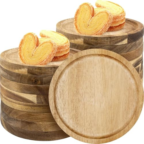 OJMHD 16er Set Kleine Holzteller aus Akazienholz, 15 cm Runde Holz Essteller, Mini Snackteller Holzplatten Serviertabletts Servierplatten für Kuchen Snacks Brot Dessert Café Cake