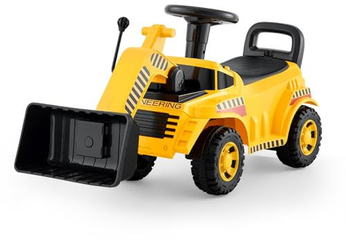 VEVOR Sitzbagger, Kinderbagger, Bagger-Bulldozer-Spielzeug mit Kippschutz und Stauraum unter dem Sitz, Aufsitzbagger 25 kg Tragkraft, Lauflernhilfe für Kleinkinder von 19 bis 36 Monaten, Gelb