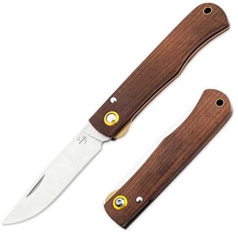 BÖKER PLUS® Rusticus Medium - legales Zweihandmesser mit Holzgriff - 42a konformes Taschenmesser extra scharf - modernes Hippekniep Messer mit Liner-Lock - Camping Faltmesser klappbar mit Nagelhau