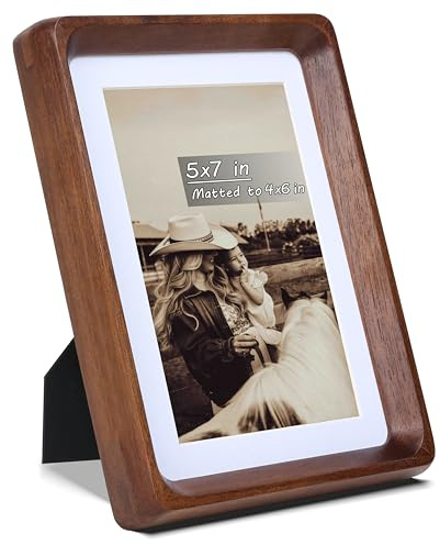 Gdfmsc 5x7 Picture Frame with Mat for 4x6, USA-Sourced Natural Walnut Wood Handcrafted Rounded Corner with Real Glass, Vertical or Horizontal Display Photo Gallery Wall & Tabletop Frame