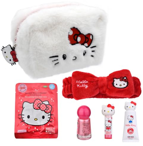 TAKE CARE | Trousse de toilette Hello Kitty + soins beauté | Crème Mains & Baume Lèvres Cerise, Bandeau Cheveux, Vernis Rose Irisé & Masque Tissu Visage Hydratant | +90% d'ingrédients naturels | Vegan