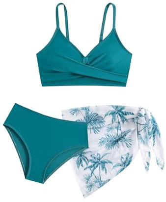 Girls Bikini Set with Cover Up Skirts Cross Strap Swimsuits 3 Pieces Swimming Costume Swimwear Kid Bathing Suit for Teens Size 9 10 11 12 13 14 Years